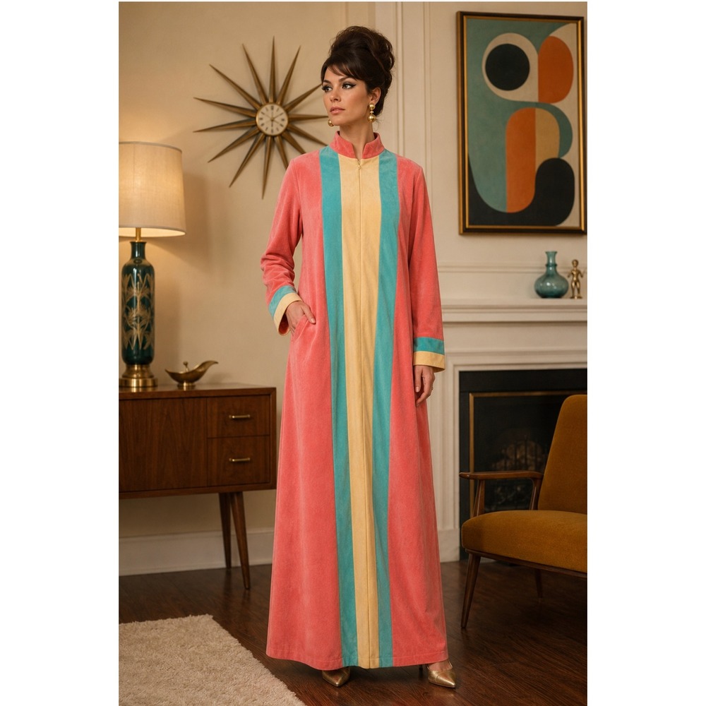 Vintage 60s 70s Retro Housecoat Sz M Pink Blue Yellow Colorblock Zip Front Maxi